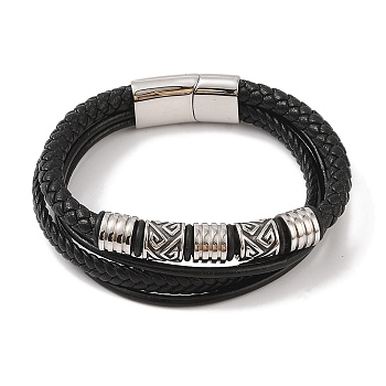 Braided Microfiber Leather Multi-strand Bracelets, 304 Stainless Steel Column Bracelets for Men, Black, 8-5/8 inch(22cm)