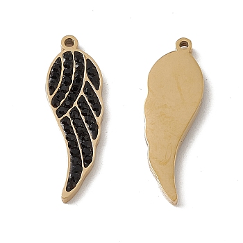 Vacuum Plating 201 Stainless Steel Pendants, Jet Rhinestone Wing Charms, Real 18K Gold Plated, 22.5x7x2mm, Hole: 1mm