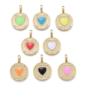 Valentine's Day Brass Micro Pave Cubic Zirconia Pendants, with Enamel, Long-Lasting Plated, Real 18K Gold Plated, Flat Round with Heart, Mixed Color, 28x19x4mm, Hole: 4x6.5mm