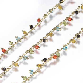 3.28 Feet Handmade Seed Beaded Chains, Soldered, with Real 18K Gold Plated Brass Findings, Colorful, 1.8~2.5mm