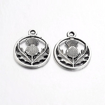 Tibetan Style Alloy Flat Round with Flower Scotland Thistle Pendants, Cadmium Free & Nickel Free & Lead Free, Antique Silver, 19x16x1mm, Hole: 2mm, about 930pcs/1000g