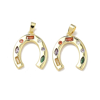 Brass Micro Pave Cubic Zirconia Pendants, Horseshoes Charms, Rack Plating, Long-Lasting Plated, Cadmium Free & Lead Free, Golden, 20x17x2.5mm, Hole: 2x4mm