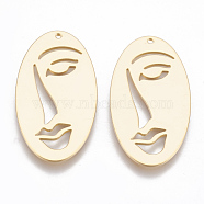 Brass Pendants, Face, Nickel Free, Real 18K Gold Plated, 38x19.5x1mm, Hole: 1.2mm(KK-Q750-021G)