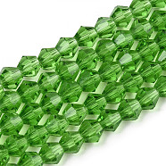 Imitation Austrian Crystal 5301 Bicone Beads, Faceted Glass Beads Strands, Lime Green, 4x4mm, Hole: 1mm, about 82~85pcs/strand, 30.5~31cm(GLAA-S026-01)