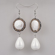 Alloy Dangle Earrings, with Shell Pearl, Polymer Clay Rhinestone and Stainless Steel Findings, teardrop, Stainless Steel Color, 68.5~69.5mm, Pendant: 50.8x20~20.7x13.6mm, Pin: 0.6mm(EJEW-JE03147-01)
