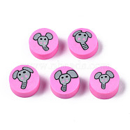 Handmade Polymer Clay Beads, for DIY Jewelry Crafts Supplies, Flat Round with Elephant, Hot Pink, 9~9.5x3.5~5mm, Hole: 1.6mm(CLAY-N008-036H)