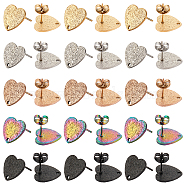 Unicraftale 30Pcs 5 Colors Ion Plating(IP) 304 Stainless Steel Stud Earring Findings, with Ear Nuts/Earring Backs and Hole, Heart Shape with Textured, Mixed Color, 12x13x1mm, Pin: 0.8mm, 6pcs/color(EJEW-UN0001-66)