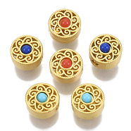 Brass Beads, with Resin, Hollow, Flat Round, Matte Style, Matte Gold Color, Colorful, 10x7mm, Hole: 2.5mm(KK-S310-13)