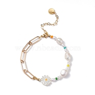 Sunflower Natural Shell Beads Bracelet, Natural Pearl Beads Link Bracelet for Girl Women, Paperclip Chain Bracelet, Light Gold, 7-1/4 inch(18.5cm)(X1-BJEW-TA00027)