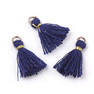Polycotton(Polyester Cotton) Tassel Pendant Decorations, Mini Tassel, with Iron Findings and Metallic Cord, Light Gold, Midnight Blue, 10~15x2~3mm, Hole: 1.5mm(FIND-S281-04)