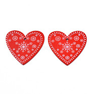 Christmas Theme Spray Painted Wood Pendants, Single-Sided Printed, Heart with Snowflake, Red, 48x50x2.5mm, Hole: 2mm(WOOD-N005-54B)