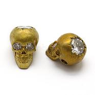Brass Beads, Nickel Free, with Cubic Zirconia, Skull, Raw(Unplated), 12x9x9.5mm, Hole: 2mm(KK-G309-08)