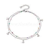 304 Stainless Steel Cable Chains Double Layer Anklets, with 201 Stainless Steel Heart Charms, Stainless Steel Color, 9-1/8 inch(23cm)(AJEW-AN00546)