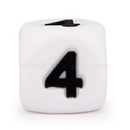 Silicone Beads, for Bracelet or Necklace Making, Black Arabic Numerals Style, White Cube, Num.4, 10x10x10mm, Hole: 2mm(SIL-TAC001-03A-4)