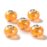 Shell Transparent Brass Cores Acrylic European Beads, Round, Large Hole Bead, Silver, Orange, 13.5x10mm, Hole: 5mm(OACR-M024-07S-01)