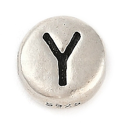 925 Sterling Silver Flat Round with Letter Beads, with 925 Stamp, Antique Silver, Letter Y, 6.5x3mm, Hole: 1.2mm(STER-G044-01AS-Y)