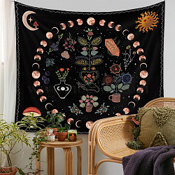 Floral Plants Moon Phase Tapestry, Polyester Bohemian Mandala Decorative Wall Tapestry, for Psychedelic Bedroom Living Room Decoration, Rectangle, Black, 730x950mm(PW23040431282)