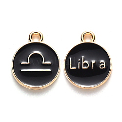 Alloy Enamel Pendants, Cadmium Free & Lead Free, Flat Round with Constellation, Light Gold, Black, Libra, 15x12x2mm, Hole: 1.5mm(X-ENAM-S124-01B-08K)