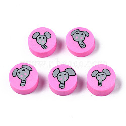 Handmade Polymer Clay Beads, for DIY Jewelry Crafts Supplies, Flat Round with Elephant, Hot Pink, 9~9.5x3.5~5mm, Hole: 1.6mm(CLAY-N008-036H)