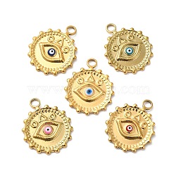 304 Stainless Steel Enamel Pendants, Real 18K Gold Plated, Flat Round with Evil Eye Charm, Mixed Color, 22x18x2mm, Hole: 2.5mm(STAS-D011-05G)
