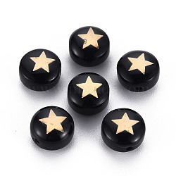 Handmade Lampwork Beads, with Golden Plated Brass Etched Metal Embellishments, Flat Round with Star, Black, 8x5~6mm, Hole: 0.8mm(LAMP-S196-008)