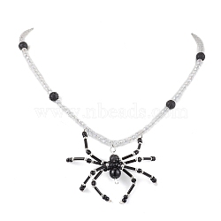 Halloween Spider Pendant Necklaces, Glass with Lava Rock Necklaces, Black, 19.09 inch(48.5cm)(NJEW-TA00147-02)