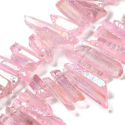 Electroplated Natural Quartz Stick Bead Strands, Dyed, Irregular Strip, Pink, 17~35.5x3~4.5mm, Hole: 1mm, about 41pcs/strand, 7.87''(20cm)(G-G950-06A-01)