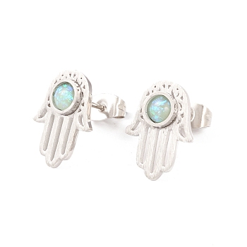 304 Stainless Steel Studs Earrings, Hand Shaped with Resin Beads, for Women, Platinum, 15x11mm, Pin: 0.8mm