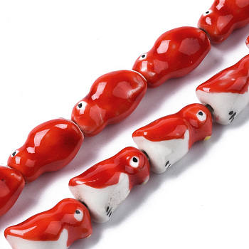 Handmade Porcelain Ceramic Beads Strands, Famille Rose Style, Penguin, Red, 16~18x9~11x10~11mm, Hole: 1.4mm, about 18pcs/strand, 12.2 inches(31cm)