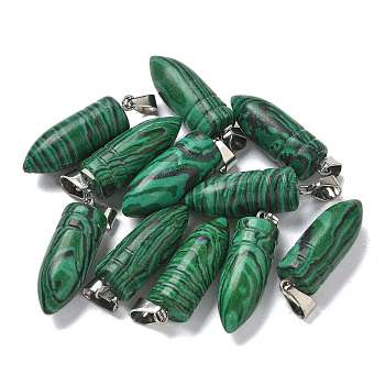 Synthetic Malachite Pointed Pendants, Bullet Shaped Charms with 201 Stainless Steel Snap on Bails, Stainless Steel Color, 29.5x10mm, Hole: 4x7mm