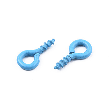 Spray Painted Iron Screw Eye Pin Peg Bails, For Half Drilled Beads, Cadmium Free & Nickel Free & Lead Free, Deep Sky Blue, 8x4x1mm, Hole: 2mm, Pin: 1.4mm