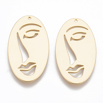 Brass Pendants, Face, Nickel Free, Real 18K Gold Plated, 38x19.5x1mm, Hole: 1.2mm