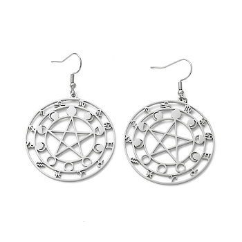 12 Constellations & Moon Phase & Star 304 Stainless Steel Dangle Earrings for Women, Stainless Steel Color, 57mm, Pin: 0.7mm