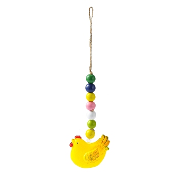 Easter Theme Plastic Hen Pendant Decorations, with Hemp Rope & Wooden Beads, Yellow, 250mm