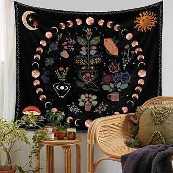 Floral Plants Moon Phase Tapestry, Polyester Bohemian Mandala Decorative Wall Tapestry, for Psychedelic Bedroom Living Room Decoration, Rectangle, Black, 730x950mm