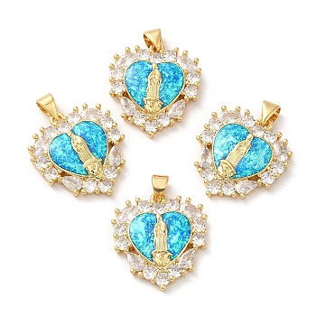 Rack Plating Brass Micro Pave Cubic Zirconia with Synthetic Opal Pendants, with Jump Ring, Lead Free & Cadmium Free, Long-Lasting Plated, Heart with Saint, Real 18K Gold Plated, 23x21x4.2mm, Hole: 5x3.4mm