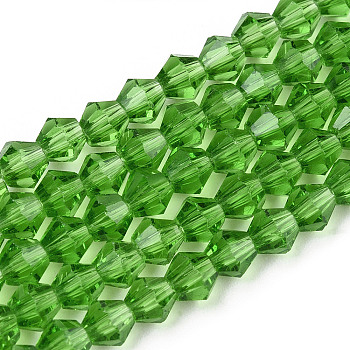 Imitation Austrian Crystal 5301 Bicone Beads, Faceted Glass Beads Strands, Lime Green, 4x4mm, Hole: 1mm, about 88~89pcs/strand, 12.99~13.39 inch