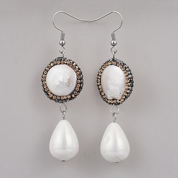 Alloy Dangle Earrings, with Shell Pearl, Polymer Clay Rhinestone and Stainless Steel Findings, teardrop, Stainless Steel Color, 68.5~69.5mm, Pendant: 50.8x20~20.7x13.6mm, Pin: 0.6mm