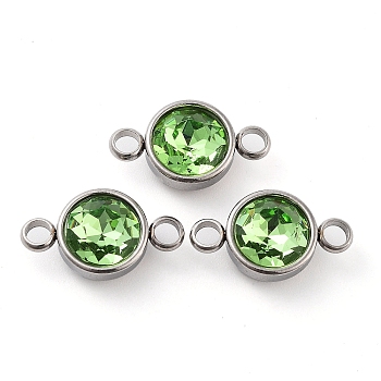 Glass Connector Charms, Faceted, Flat Round Links, with Stainless Steel Color Tone 304 Stainless Steel Findings, Peridot, 17.5x10x6.5mm, Hole: 2.5mm