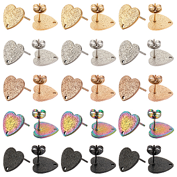 Unicraftale 30Pcs 5 Colors Ion Plating(IP) 304 Stainless Steel Stud Earring Findings, with Ear Nuts/Earring Backs and Hole, Heart Shape with Textured, Mixed Color, 12x13x1mm, Pin: 0.8mm, 6pcs/color