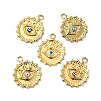 304 Stainless Steel Enamel Pendants, Real 18K Gold Plated, Flat Round with Evil Eye Charm, Mixed Color, 22x18x2mm, Hole: 2.5mm