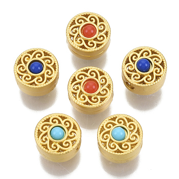 Brass Beads, with Resin, Hollow, Flat Round, Matte Style, Matte Gold Color, Colorful, 10x7mm, Hole: 2.5mm