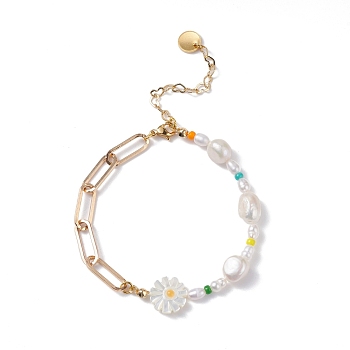 Sunflower Natural Shell Beads Bracelet, Natural Pearl Beads Link Bracelet for Girl Women, Paperclip Chain Bracelet, Light Gold, 7-1/4 inch(18.5cm)