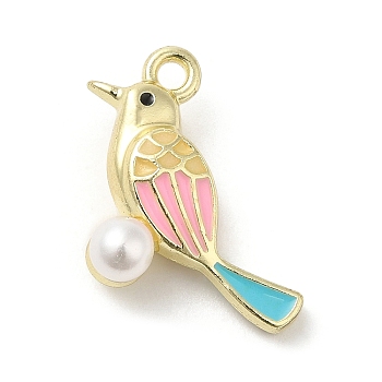 Alloy Enamel Pendants, with Acrylic Imitation Pearls, Golden, Bird Charm, Pink, 18x20x8mm, Hole: 1.8mm