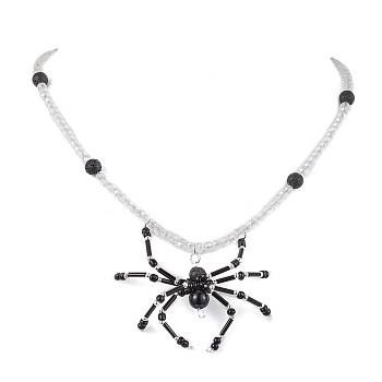 Halloween Spider Pendant Necklaces, Glass with Lava Rock Necklaces, Black, 19.09 inch(48.5cm)