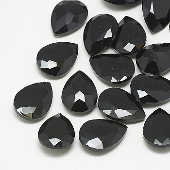 Pointed Back Glass Rhinestone Cabochons, Faceted, teardrop, Jet, 29x20x9mm