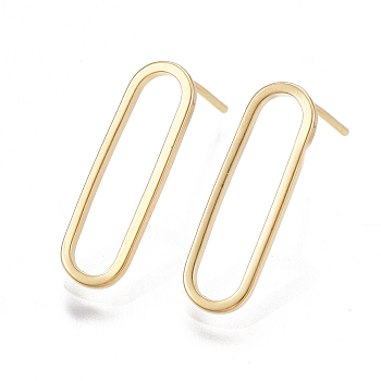 Brass Stud Earrings, Nickel Free, Real 18K Gold Plated, Oval, 25x6.5mm, Pin: 0.8mm