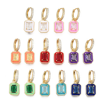 Cubic Zirconia Rectangle Dangle Hoop Dangle Earrings with Enamel, Real 18K Gold Plated Brass Earrings for Women, Nickel Free, Mixed Color, 27.5mm, Pin: 1mm