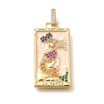 Brass Micro Pave Cubic Zirconia Pendents, Tarot Cards Charms, with Enamel, Rack Plating, Lead Free & Cadmium Free, Real 18K Gold Plated, 27.5x14.5x2.5mm, Hole: 4.5mm