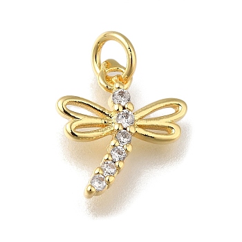 Rack Plating Brass Micro Pave Cubic Zirconia Pendants, Long-Lasting Plated, Lead Free & Cadmium Free, Dragonfly, with Jump Ring, Real 18K Gold Plated, 14x12x2.5mm, Hole: 3.5mm